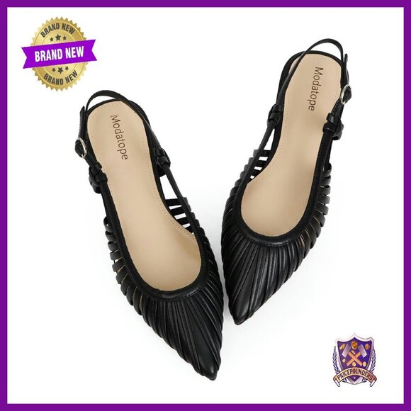 Shoes - Pointed Toe Slingback Flats Low Heel Dress Shoes Adjustable Strap